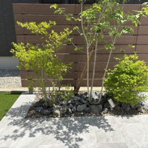 タイルと緑が調和する上質な庭